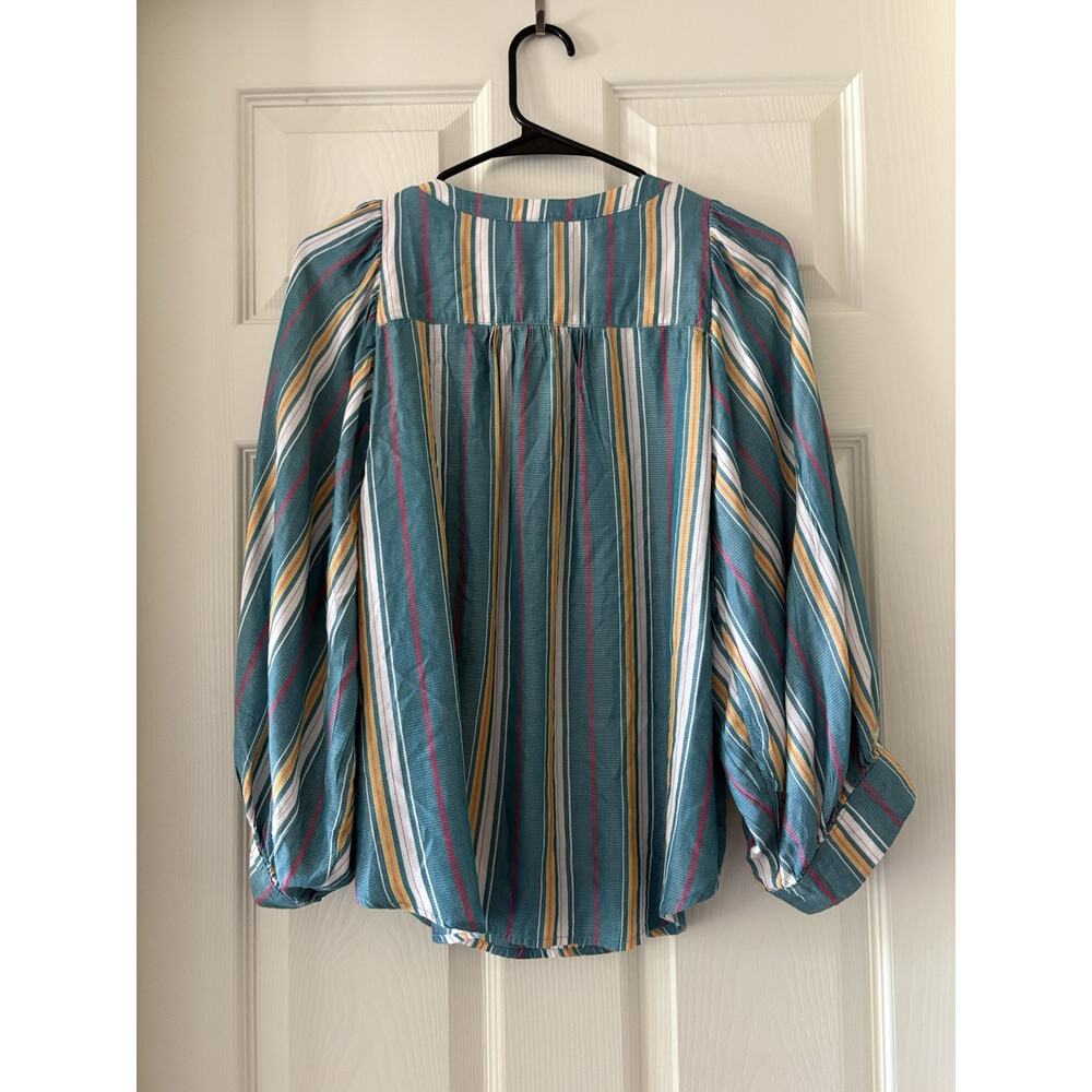 Maeve by Anthropologie Byron Blue Striped Balloon Sleeve Peasant Blouse Medium - Picture 2 of 11